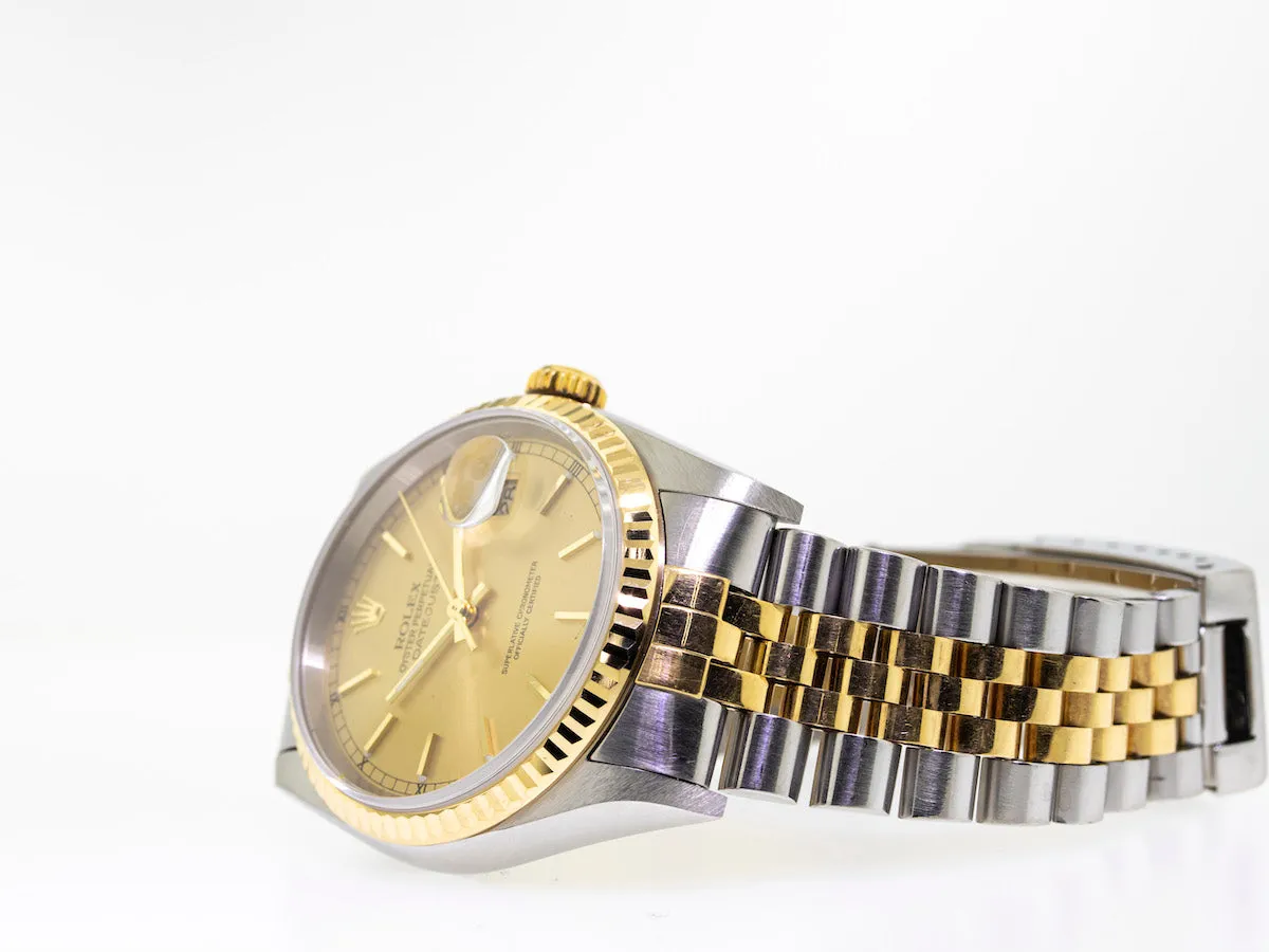 Rolex Datejust 36mm Yellow Gold & Steel Champagne Stick Dial Fluted Bezel 16233