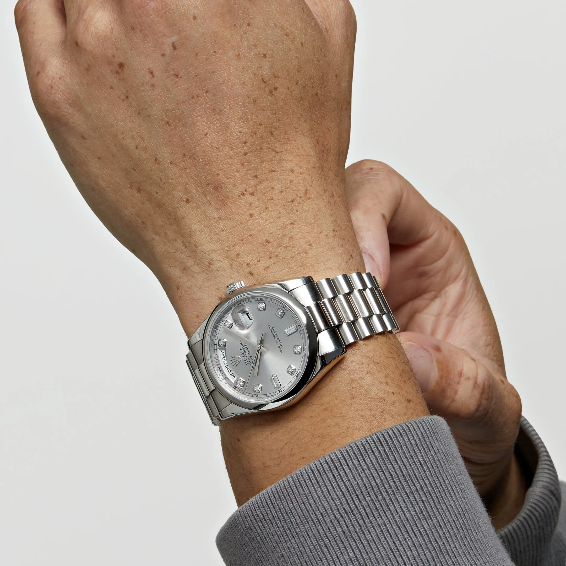 Rolex Day-Date ⁠118206 Platinum Silver Diamond Dial