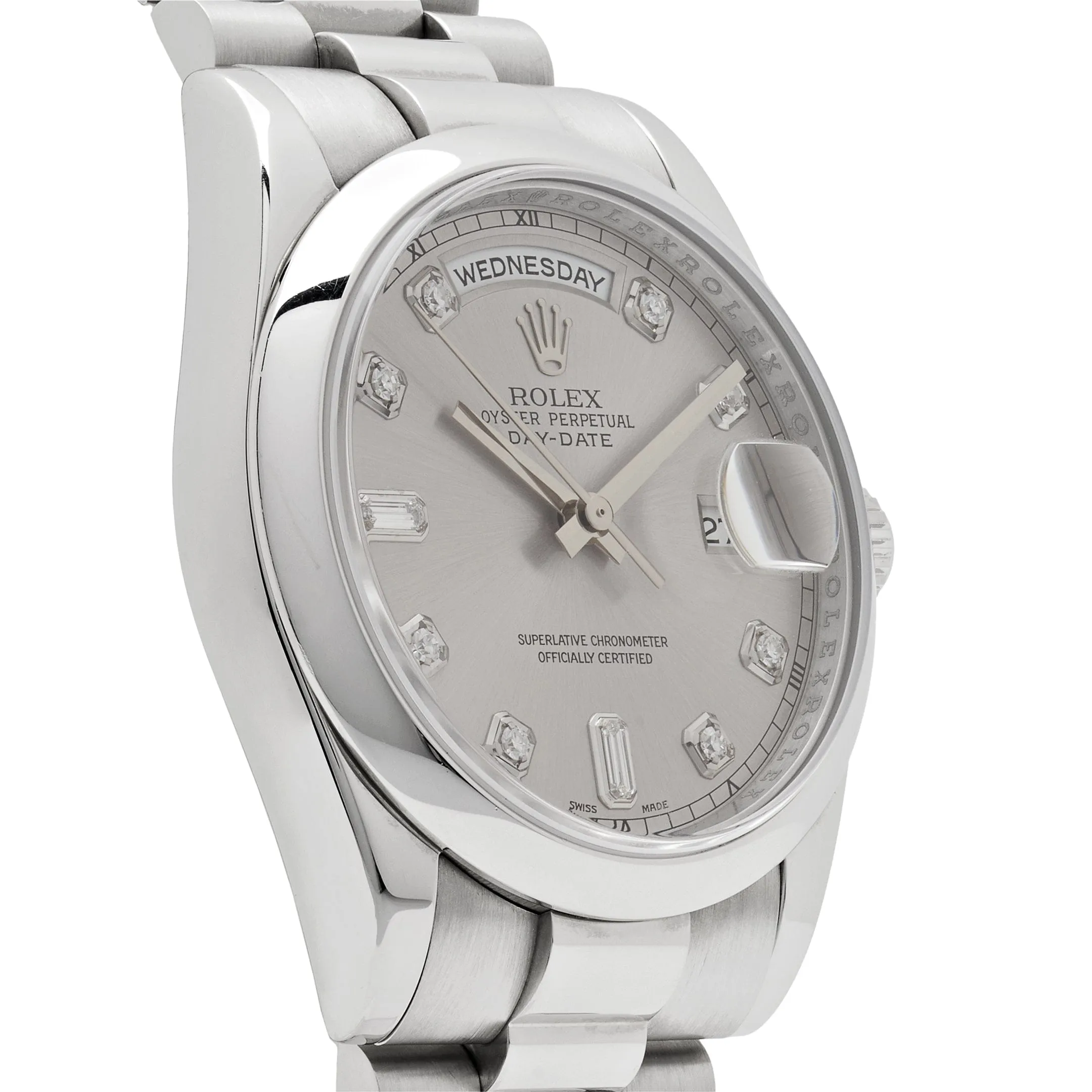 Rolex Day-Date ⁠118206 Platinum Silver Diamond Dial