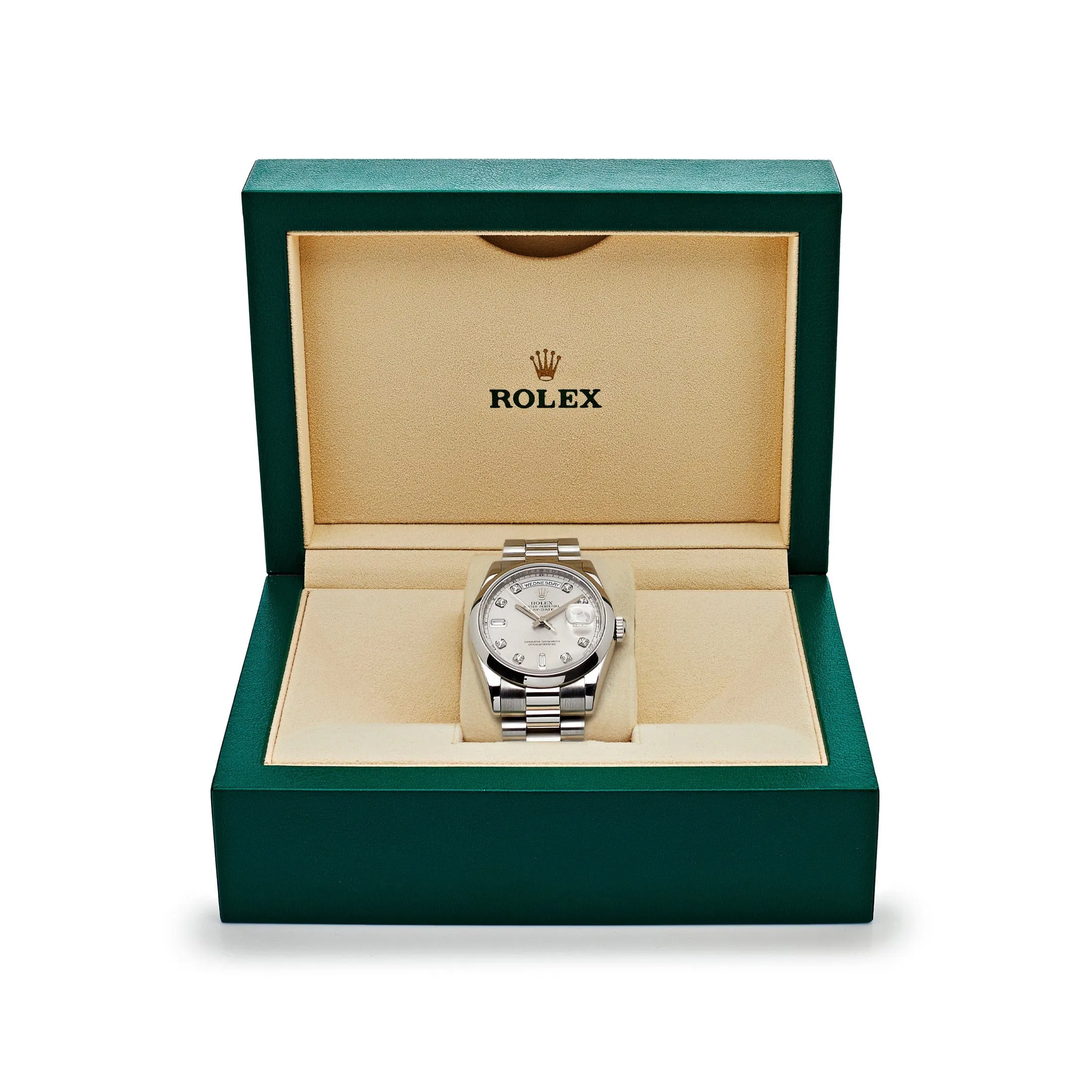 Rolex Day-Date ⁠118206 Platinum Silver Diamond Dial
