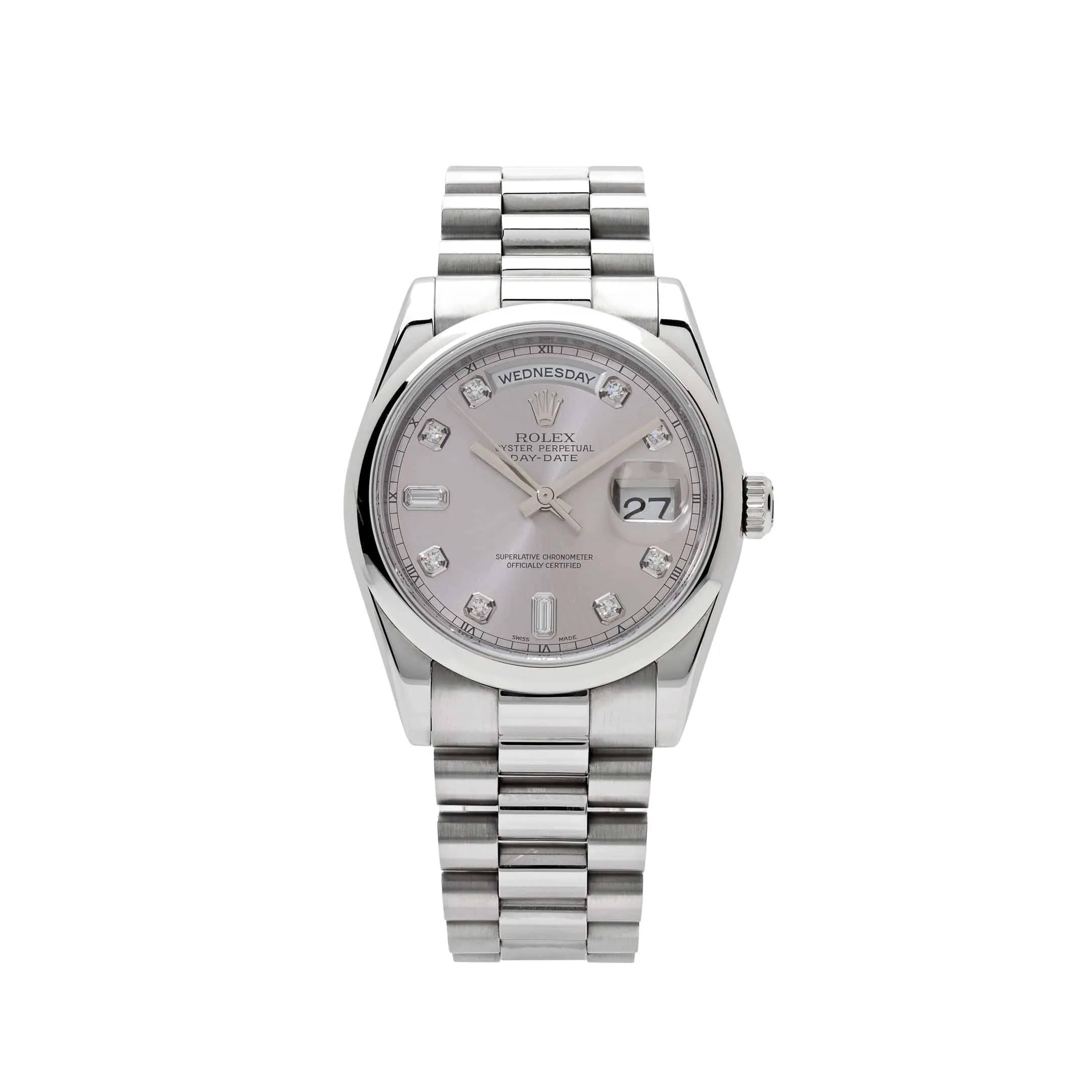 Rolex Day-Date ⁠118206 Platinum Silver Diamond Dial
