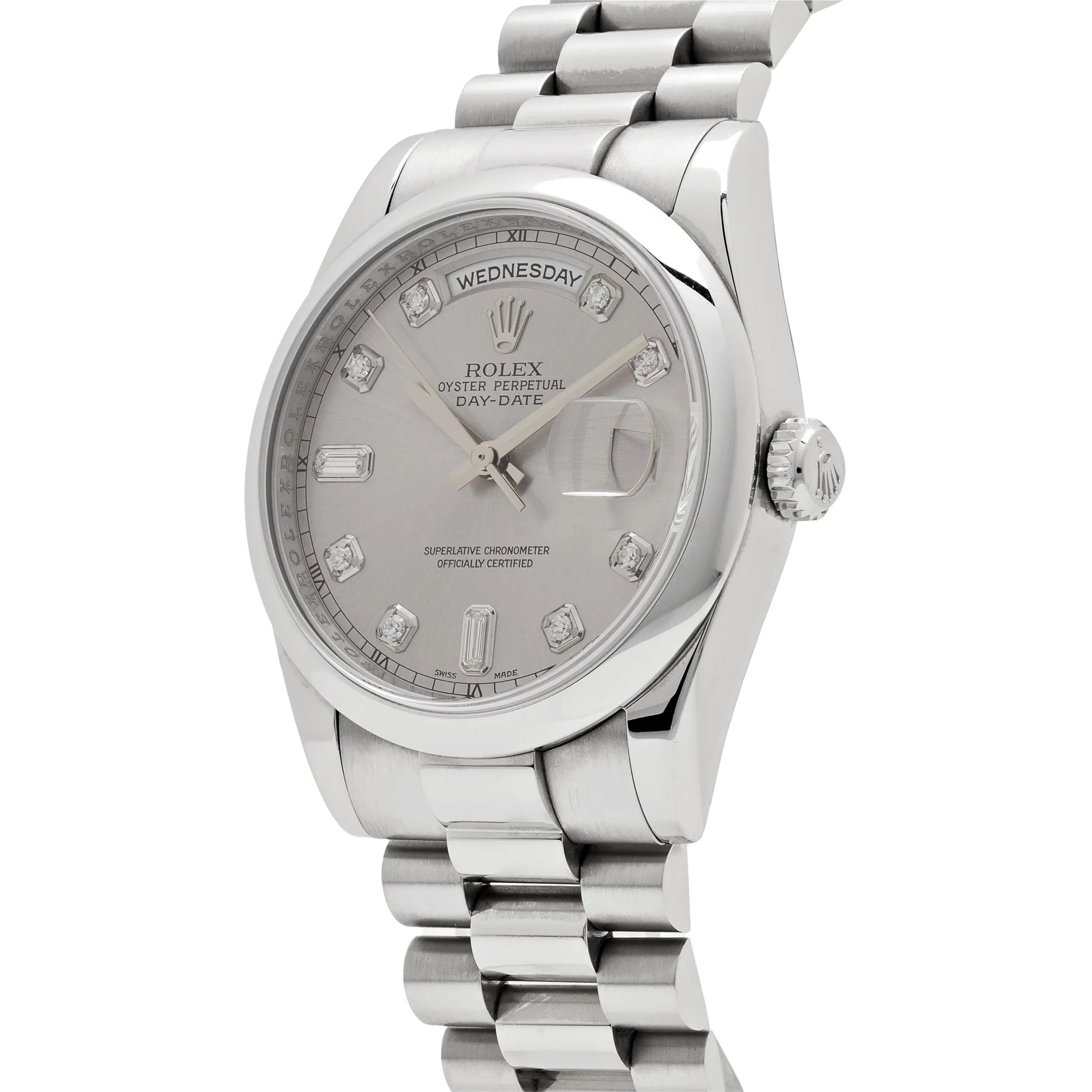 Rolex Day-Date ⁠118206 Platinum Silver Diamond Dial
