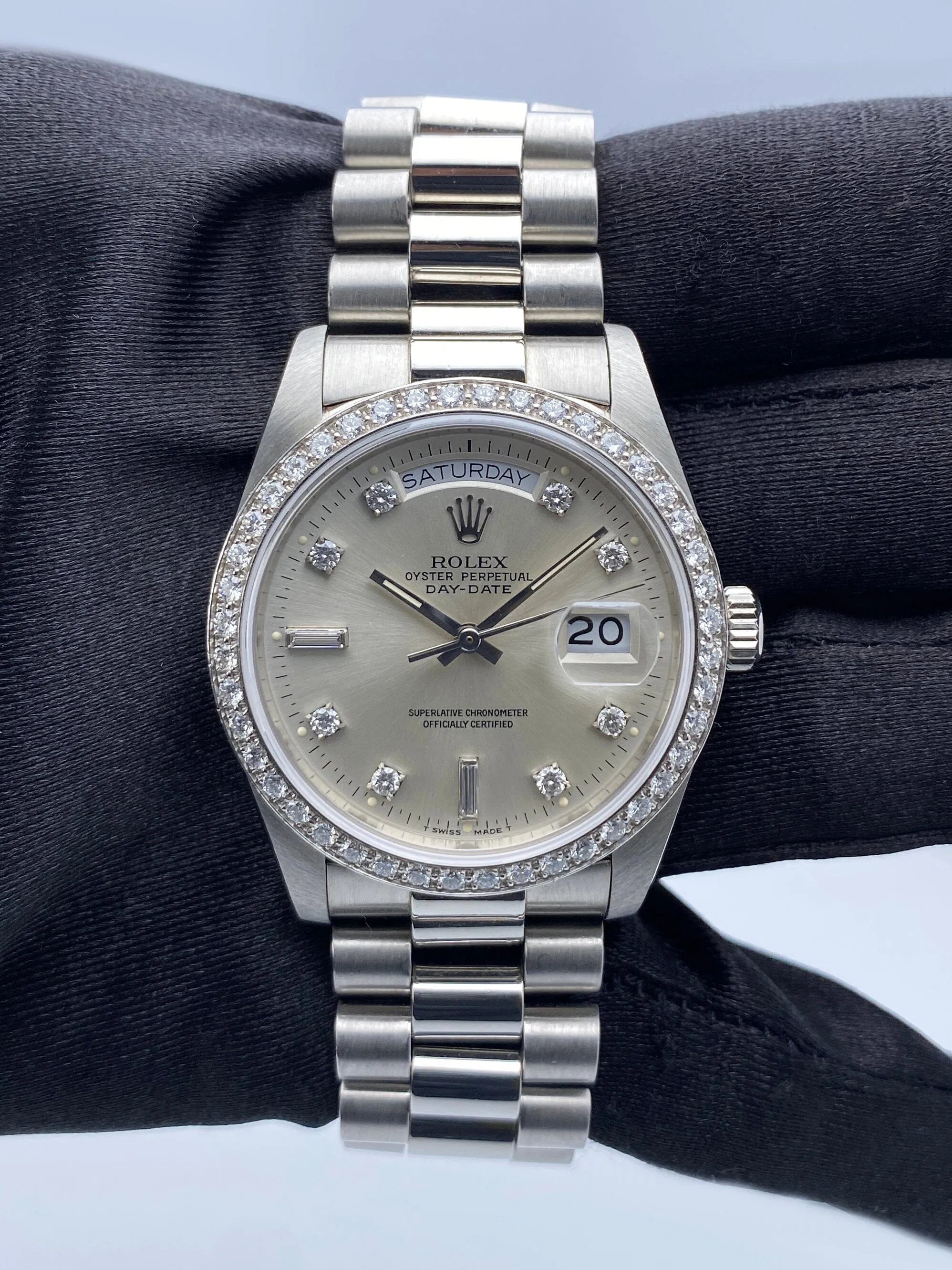 Rolex Day-Date 18046 Diamond Silver Dial Platinum Mens Watch