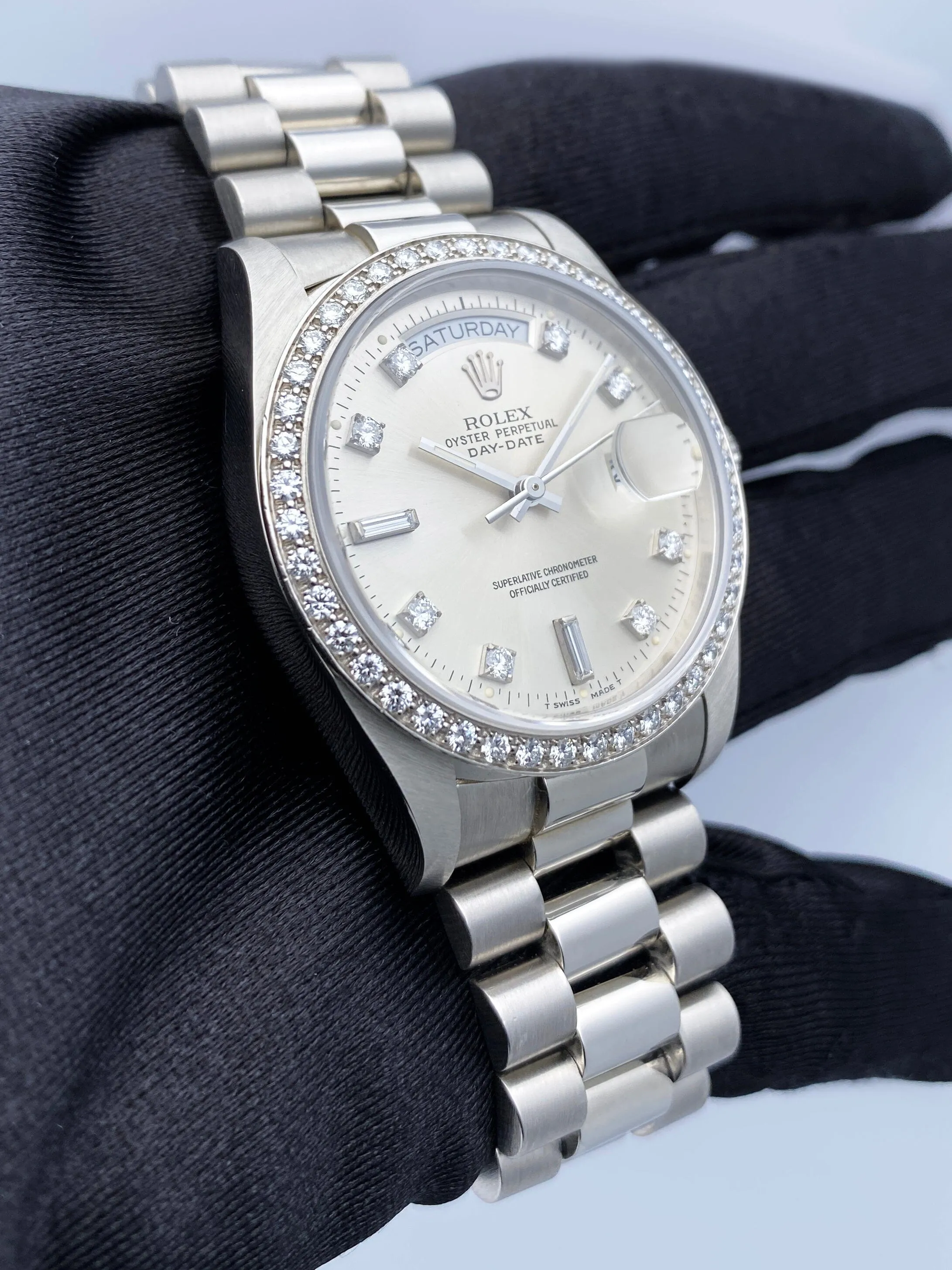 Rolex Day-Date 18046 Diamond Silver Dial Platinum Mens Watch