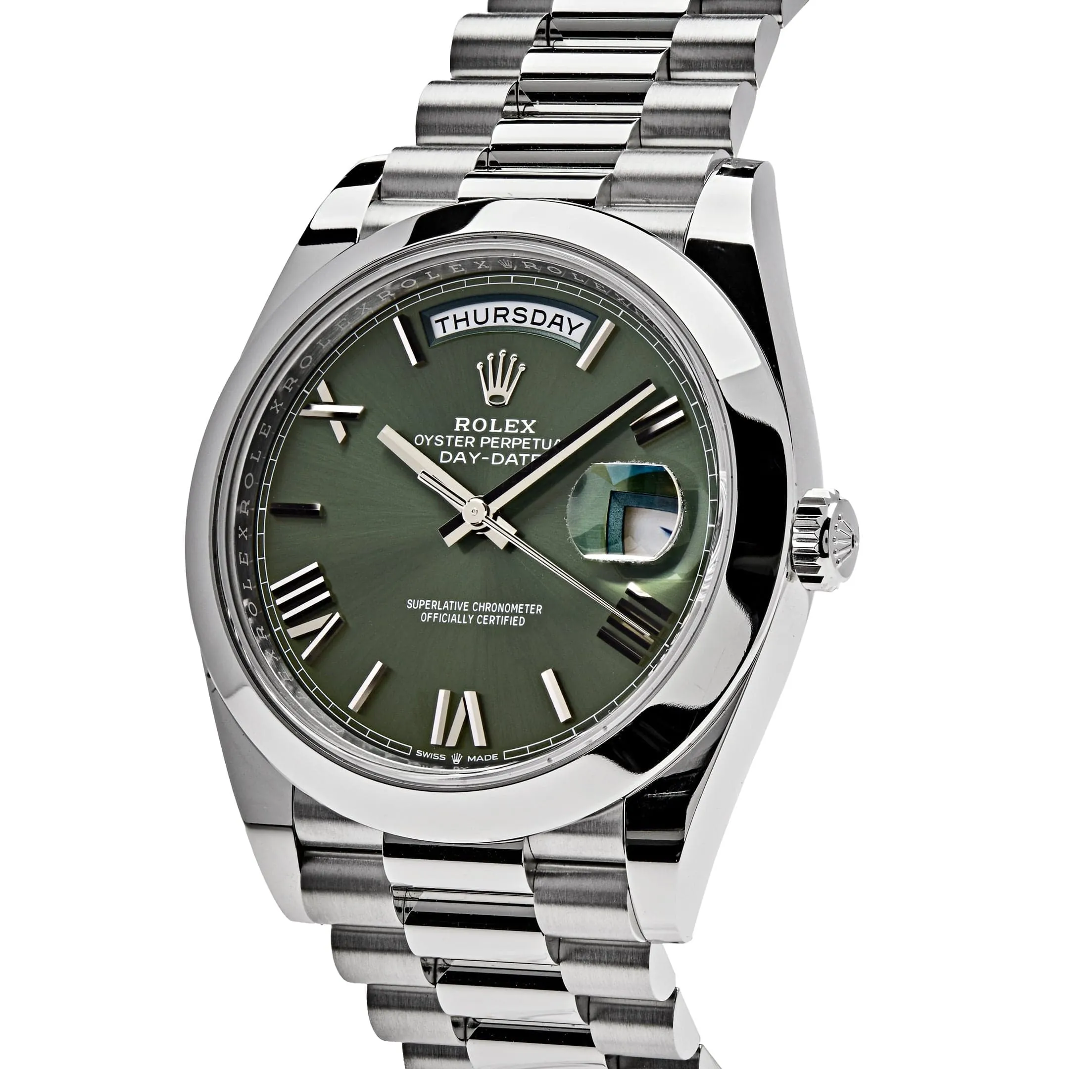 Rolex Day-Date 228206 Platinum President Olive Green Dial