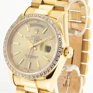 Rolex Day-Date 36mm Yellow Gold Champagne Stick Dial Diamond Bezel 18038