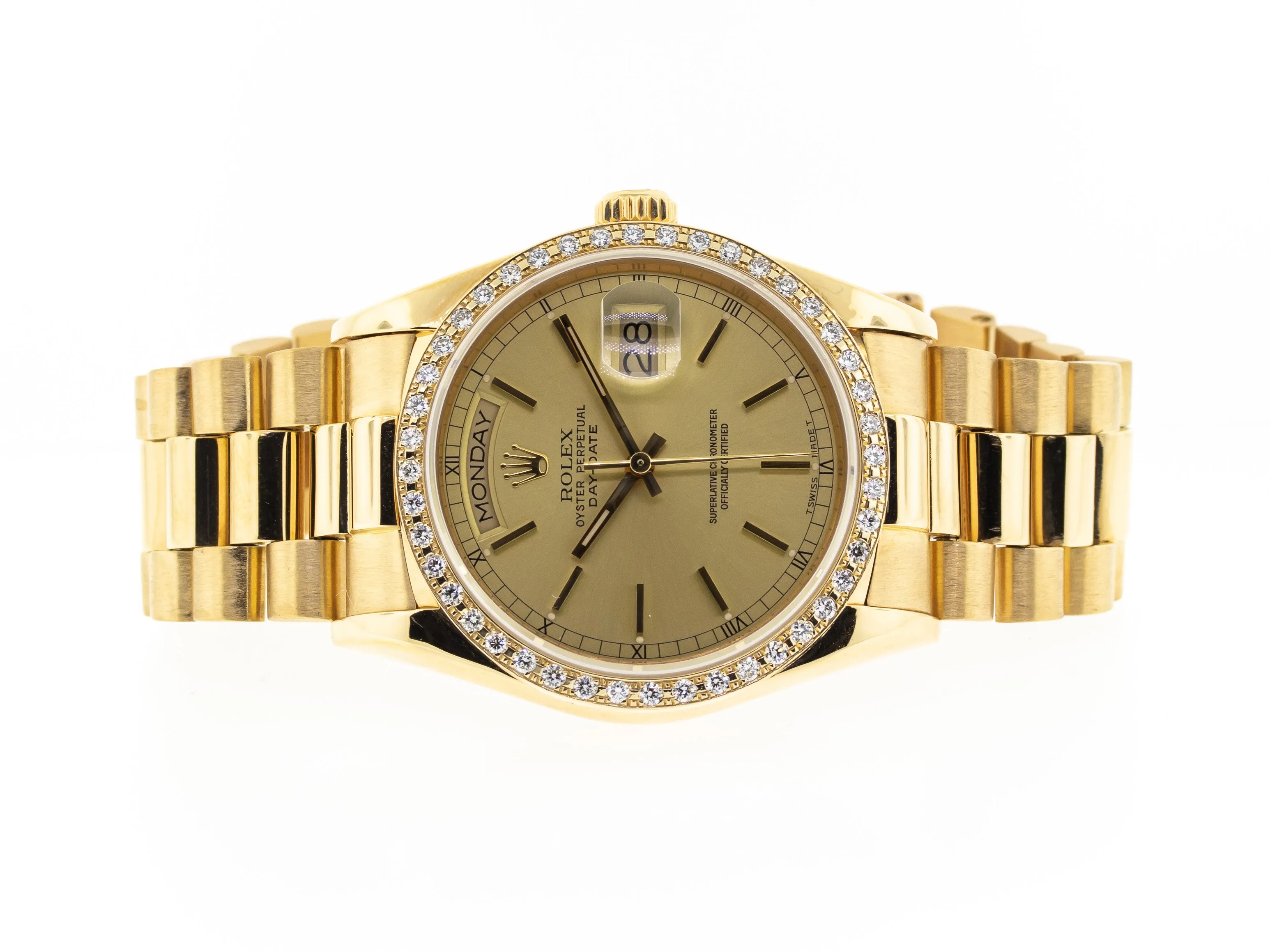 Rolex Day-Date 36mm Yellow Gold Champagne Stick Dial Diamond Bezel 18038