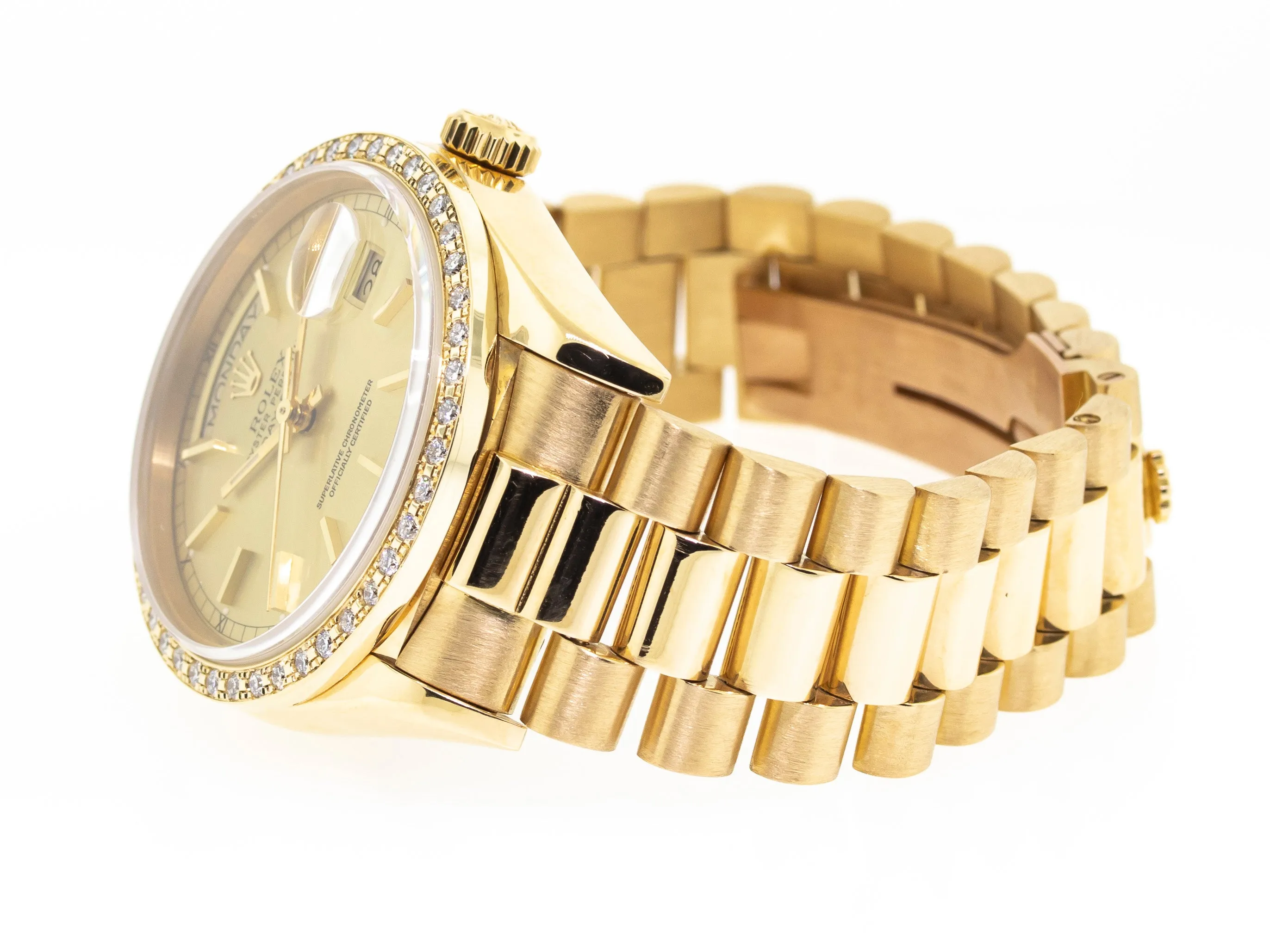 Rolex Day-Date 36mm Yellow Gold Champagne Stick Dial Diamond Bezel 18038