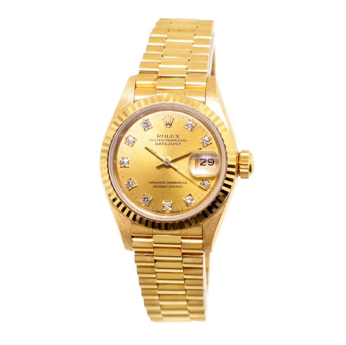 Rolex Lady-Datejust 26mm Yellow Gold Champagne Diamond Dial And Fluted Bezel 69178