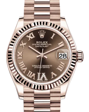 Rolex Lady-Datejust 31 Rose Gold Chocolate Roman Diamond VI Dial & Fluted Bezel President Bracelet 278275