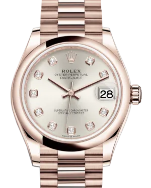 Rolex Lady-Datejust 31 Rose Gold Silver Diamond Dial & Smooth Domed Bezel President Bracelet 278245
