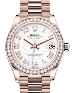 Rolex Lady-Datejust 31 Rose Gold White Roman Dial & Diamond Bezel President Bracelet 278285RBR