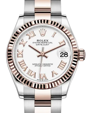 Rolex Lady-Datejust 31 Rose Gold/Steel White Roman Dial & Fluted Bezel Oyster Bracelet 278271 - NEW