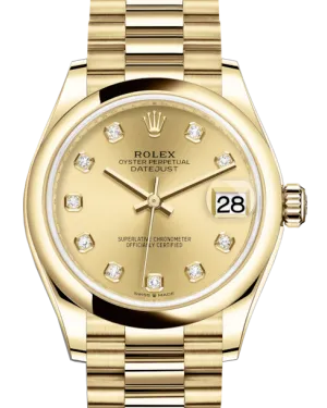 Rolex Lady-Datejust 31 Yellow Gold Champagne Diamond Dial & Smooth Domed Bezel President Bracelet 278248