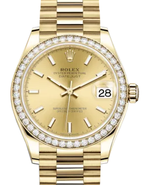 Rolex Lady-Datejust 31 Yellow Gold Champagne Index Dial & Diamond Bezel President Bracelet 278288RBR