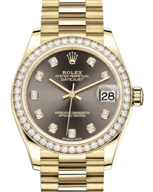 Rolex Lady-Datejust 31 Yellow Gold Dark Grey Diamond Dial & Diamond Bezel President Bracelet 278288RBR