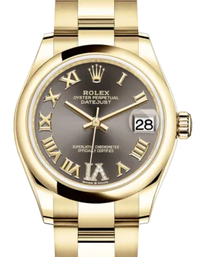 Rolex Lady-Datejust 31 Yellow Gold Dark Grey Roman Diamond VI Dial & Smooth Domed Bezel Oyster Bracelet 278248