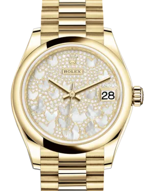 Rolex Lady-Datejust 31 Yellow Gold Mother of Pearl Butterfly Diamond Paved Dial & Smooth Domed Bezel President Bracelet 278248