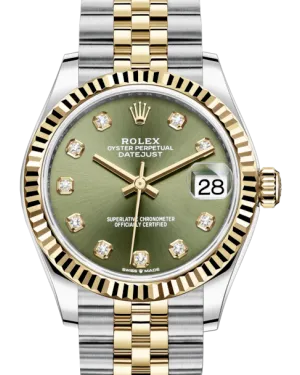 Rolex Lady-Datejust 31 Yellow Gold/Steel Olive Green Diamond Dial & Fluted Bezel Jubilee Bracelet 278273