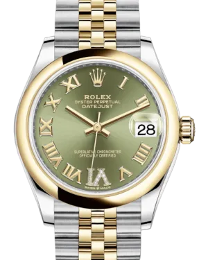 Rolex Lady-Datejust 31 Yellow Gold/Steel Olive Green Roman Diamond VI Dial & Smooth Domed Bezel Jubilee Bracelet 278243