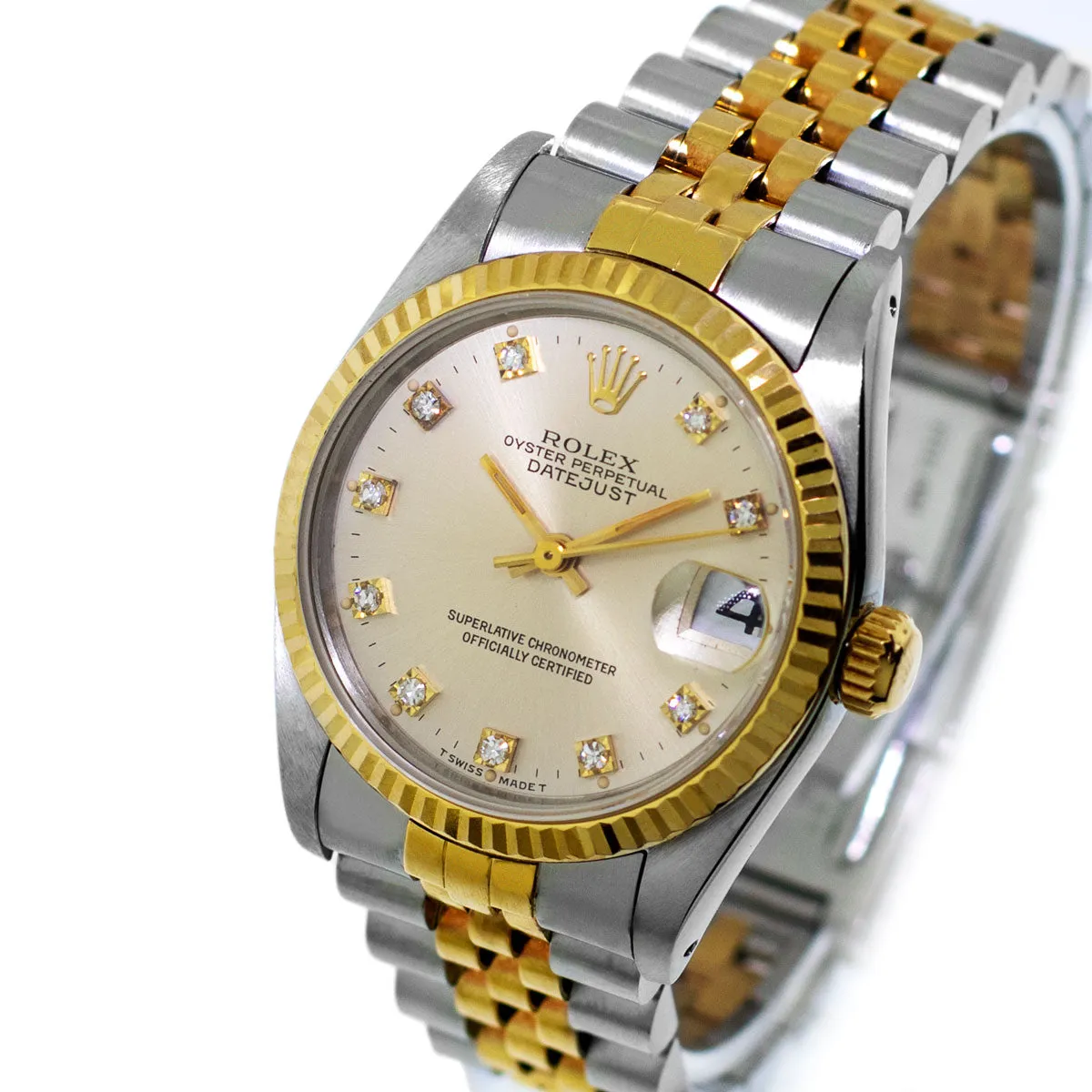 Rolex Lady-Datejust 31mm Yellow Gold Steel Silver Diamond Dial & Fluted Bezel 68273