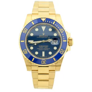 Rolex Men's Submariner Date 18K Yellow Gold 40mm Blue Dot Dial Watch Reference #: 116618LB