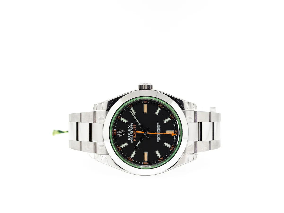 Rolex Milgauss 40mm Stainless Steel Green Crystal Black Dial 116400