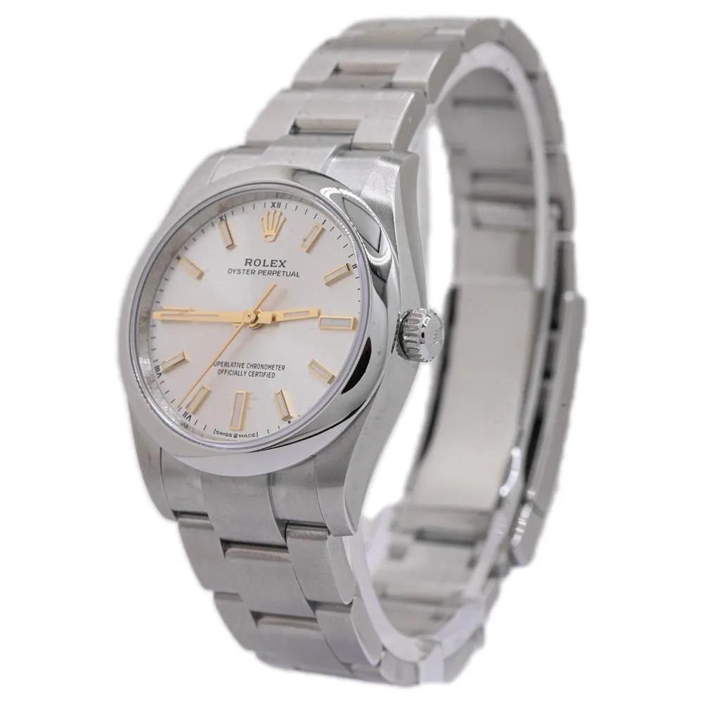 Rolex Oyster Perpetual Stainless Steel 34mm Silver Stick Dial Watch Ref# 124200