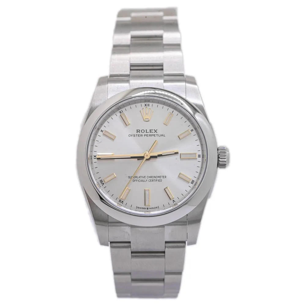 Rolex Oyster Perpetual Stainless Steel 34mm Silver Stick Dial Watch Ref# 124200
