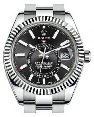 Rolex Sky-Dweller Stainless Steel Black Index Dial Fluted White Gold Bezel Oyster Bracelet 326934 - New