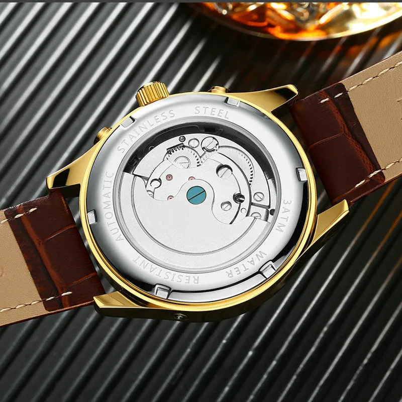 Rose Gold Leather Mechanical Wrist Watch