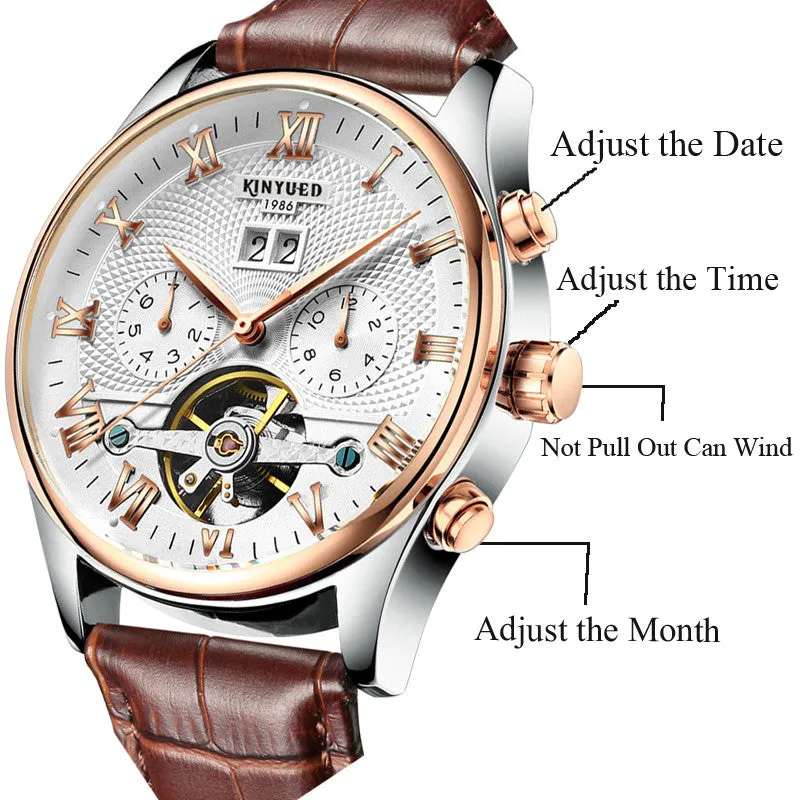 Rose Gold Leather Mechanical Wrist Watch