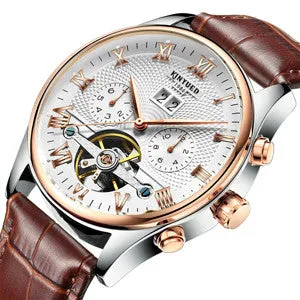 Rose Gold Leather Mechanical Wrist Watch