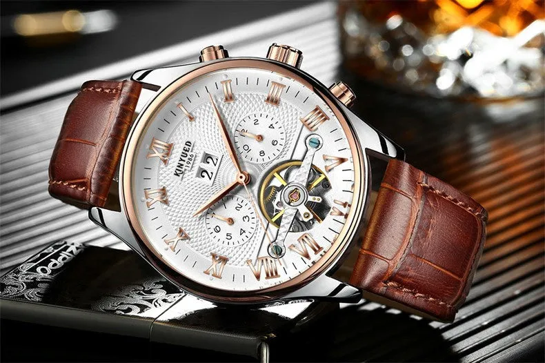 Rose Gold Leather Mechanical Wrist Watch