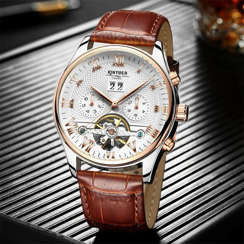 Rose Gold Leather Mechanical Wrist Watch