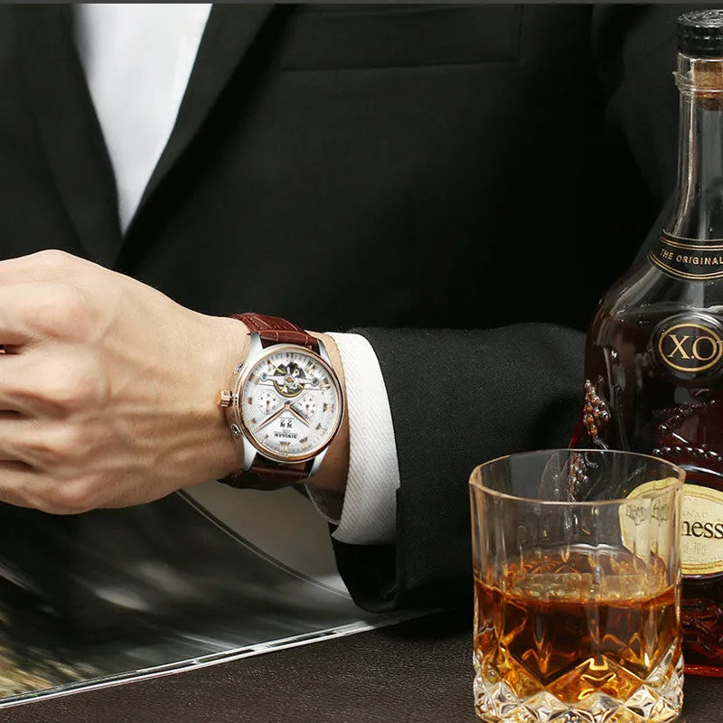 Rose Gold Leather Mechanical Wrist Watch
