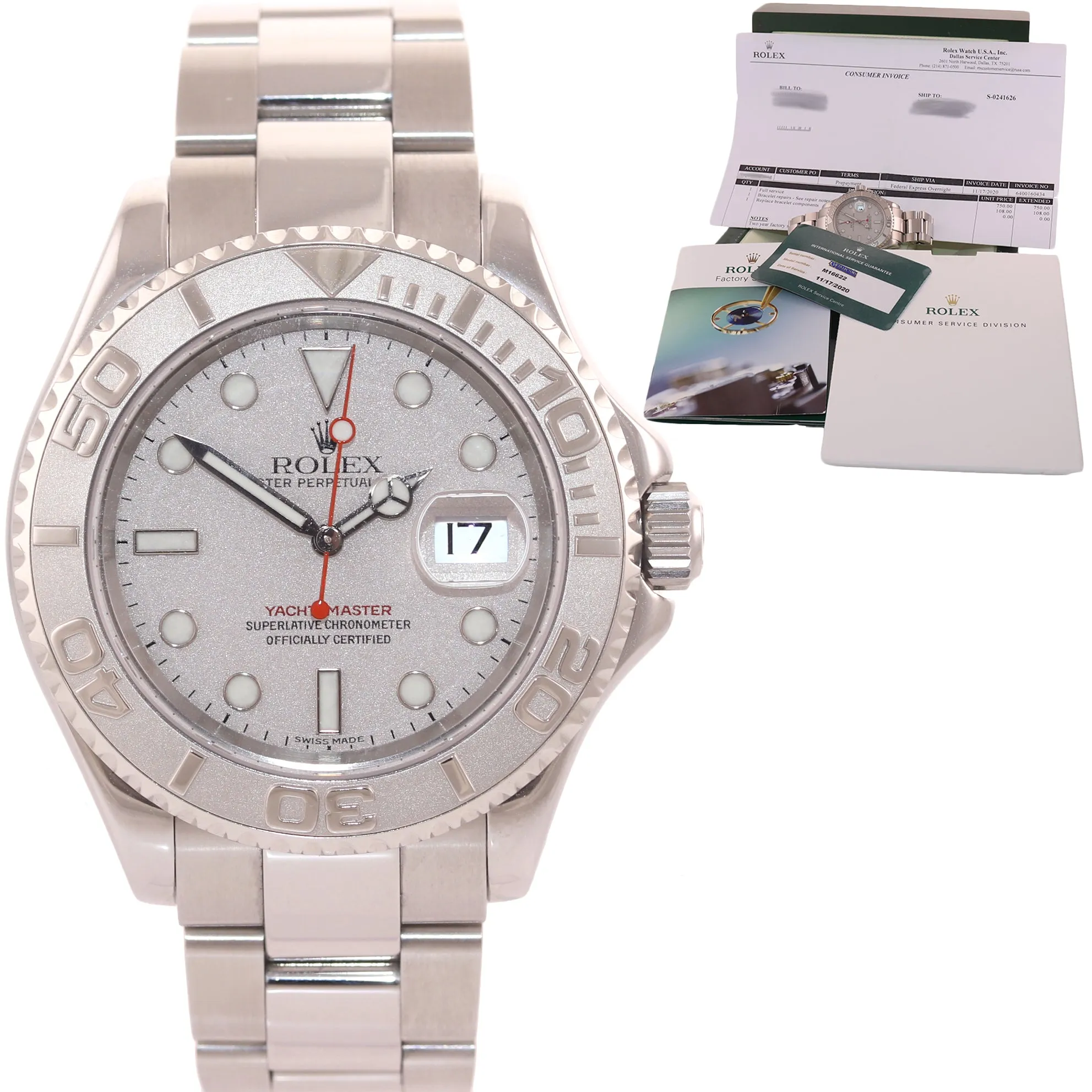 RSC SERVICE 2020 Rolex Yacht-Master 16622 Steel Platinum Bezel Oyster 40mm Watch