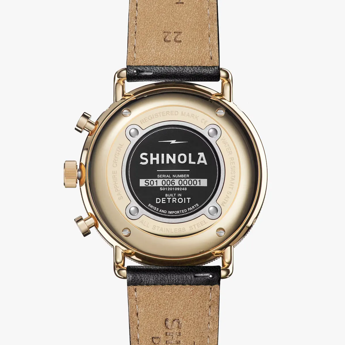 Shinola 45MM Canfield Sport Gold PVD Black Dial Leather Watch S0120109248