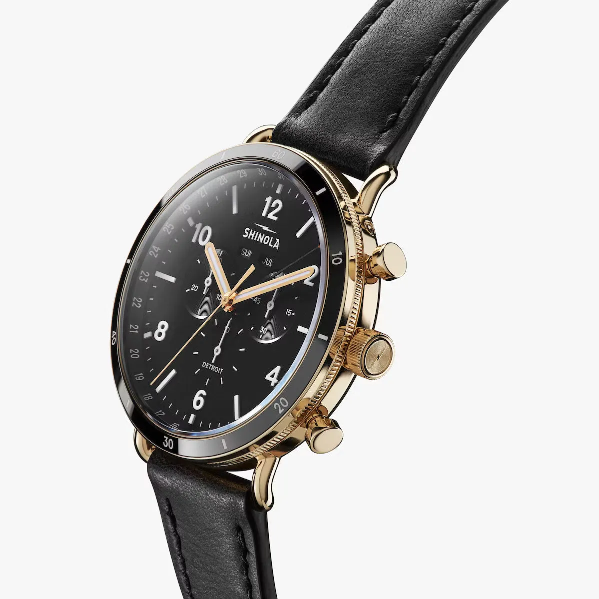 Shinola 45MM Canfield Sport Gold PVD Black Dial Leather Watch S0120109248
