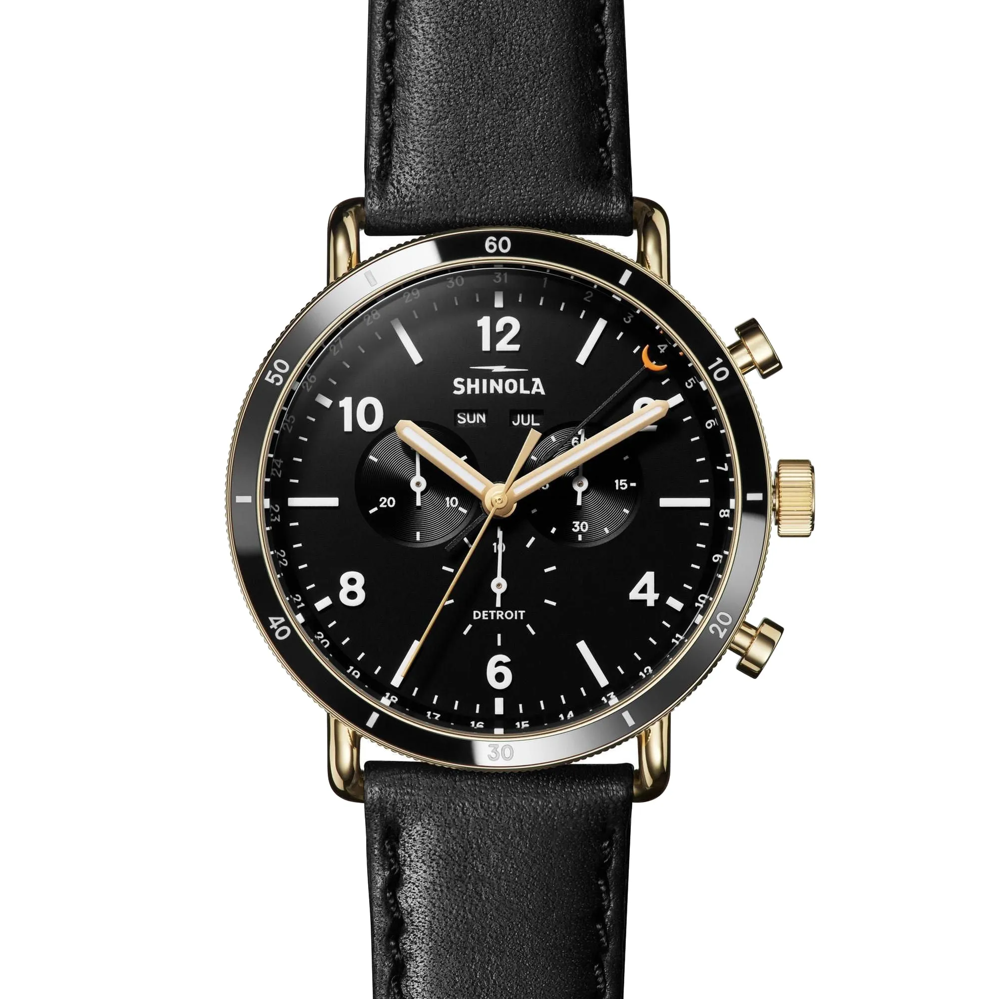 Shinola 45MM Canfield Sport Gold PVD Black Dial Leather Watch S0120109248