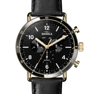 Shinola 45MM Canfield Sport Gold PVD Black Dial Leather Watch S0120109248