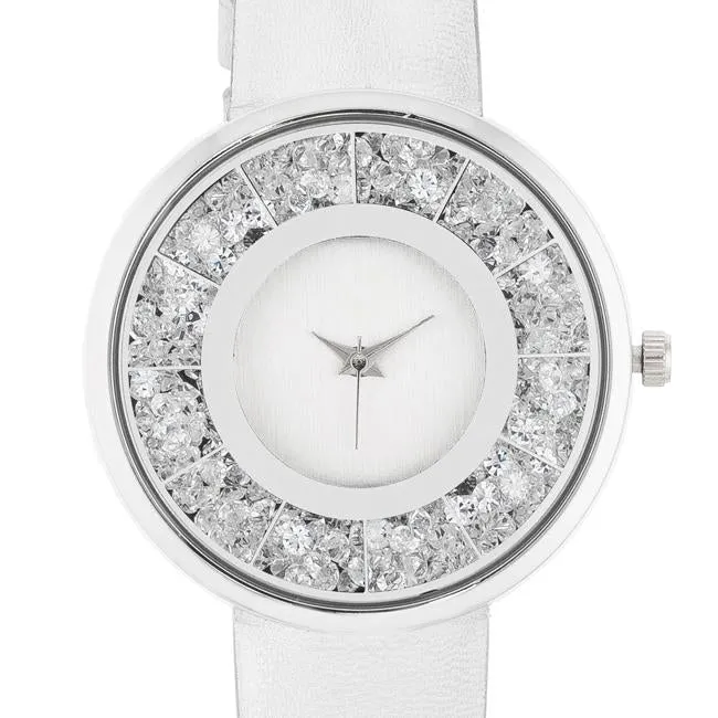 Silver Leather Watch With Crystals