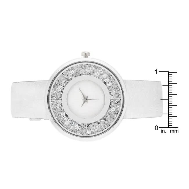 Silver Leather Watch With Crystals