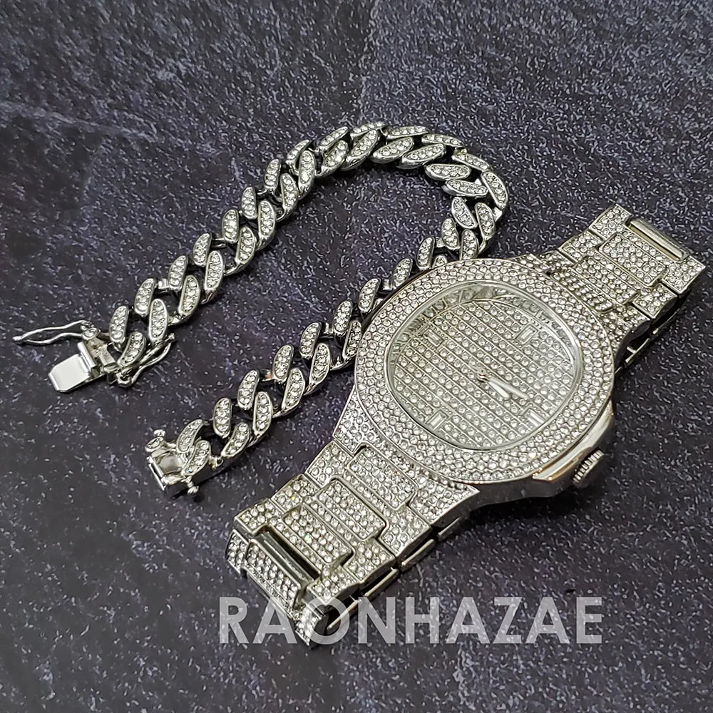 Silver Raonhazae Hip Hop Iced Lab Diamond Drake 14K White Gold Plated Watch with 12mm Cuban Link Bracelet Set