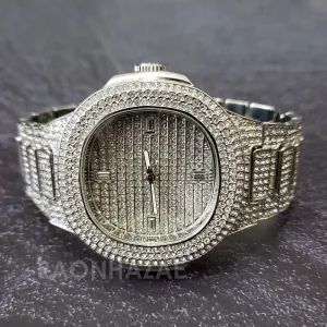 Silver Raonhazae Hip Hop Iced Lab Diamond Drake 14K White Gold Plated Watch with 12mm Cuban Link Bracelet Set