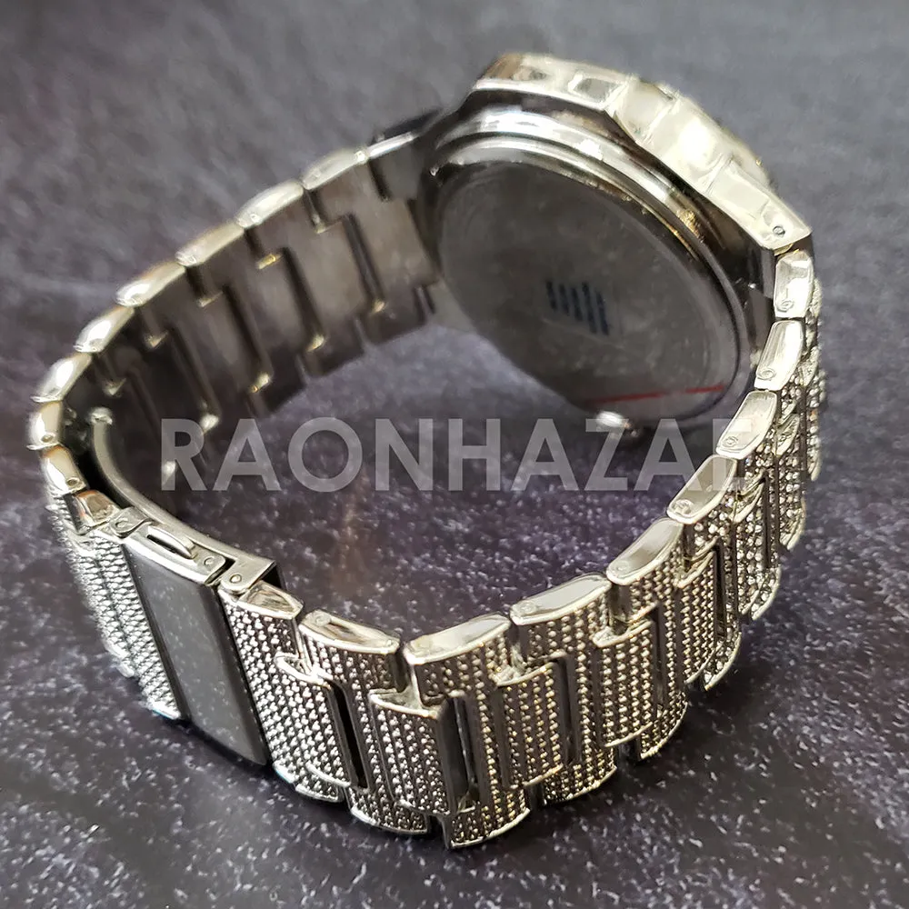 Silver Raonhazae Hip Hop Iced Lab Diamond Drake 14K White Gold Plated Watch with 12mm Cuban Link Bracelet Set
