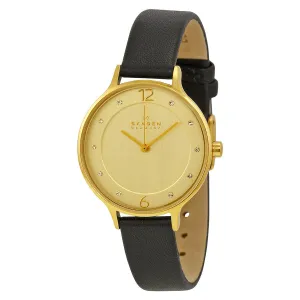Skagen Anita Gold Dial Black Leather Ladies Watch SKW2266