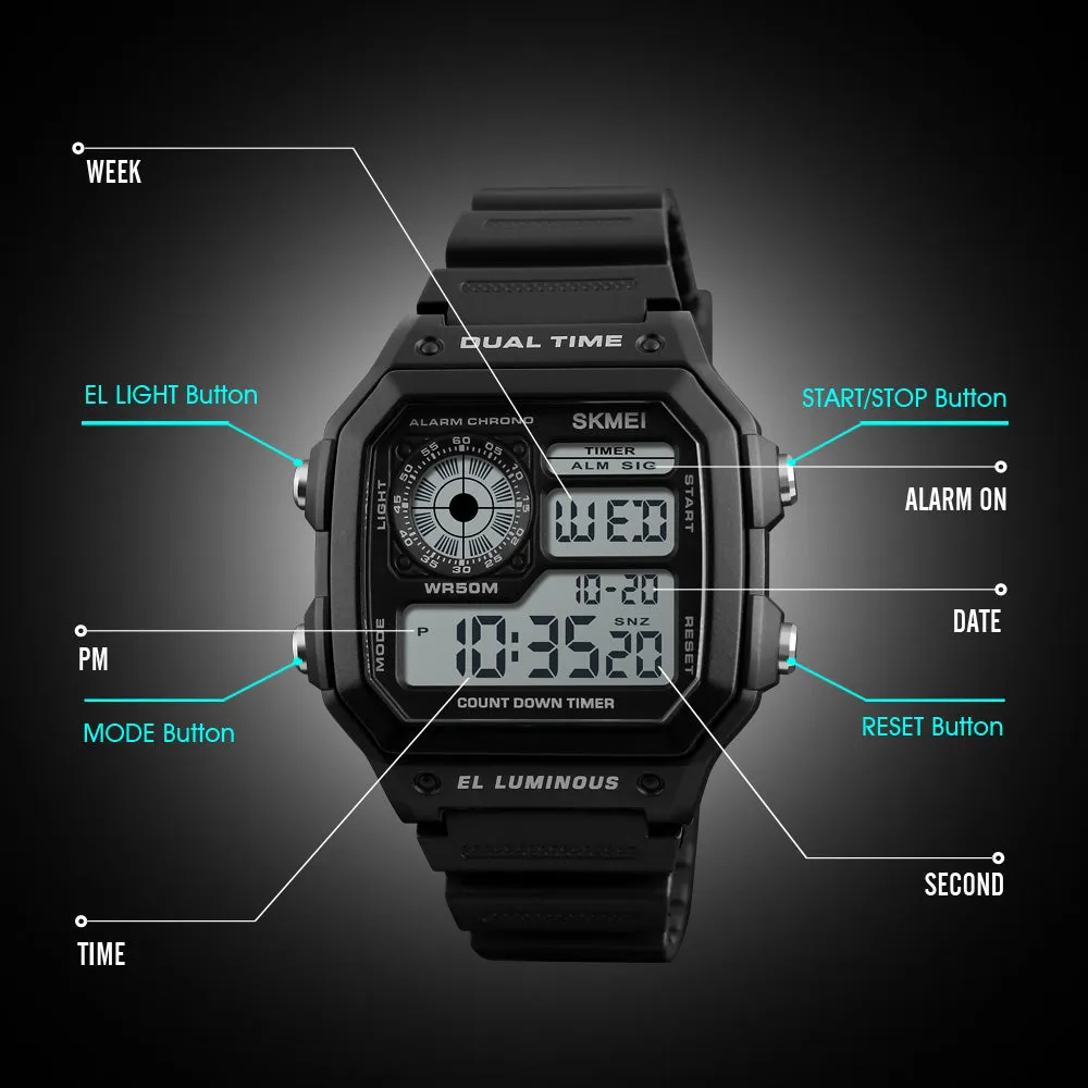 Skmei Wrist Watch for Men, Digital Sports Waterproof Watch with Dual Time Chronograph Countdown Alarm Backlight  The Orbit - 1299