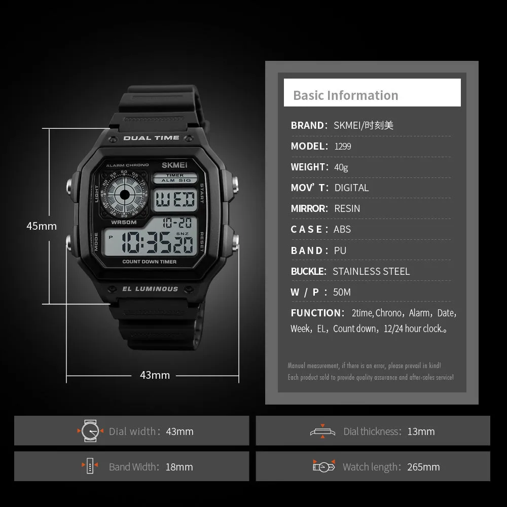 Skmei Wrist Watch for Men, Digital Sports Waterproof Watch with Dual Time Chronograph Countdown Alarm Backlight  The Orbit - 1299