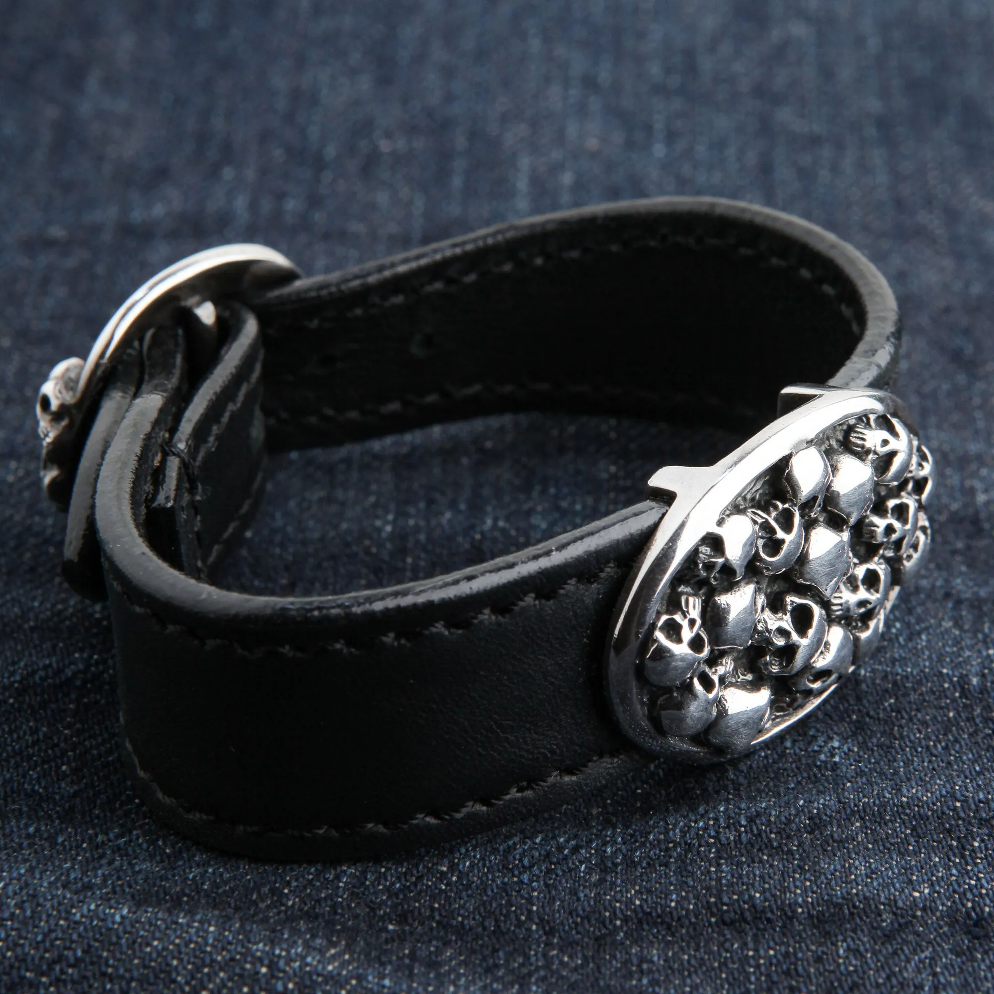 Skull Sterling Silver Genuine Leather Biker Bracelet